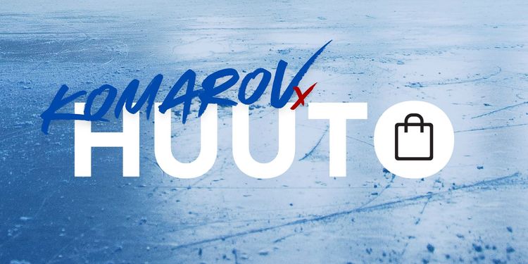 Leo Komarov × Huuto.net hyväntekeväisyyshuutokaupan logo jäätaustalla